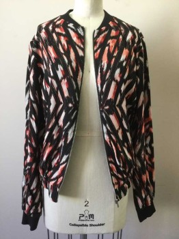 1 STATE, Black, Pink, Red, White, Gray, Rayon, Abstract , Black with Pink/red/white/gray Abstract Print, Zip Front, Black Knit Trim