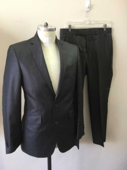 KENNETH COLE, Pewter Gray, Lt Gray, Polyester, Rayon, Plaid, 2 Button Single Breasted, 1 Welt Pocket, 2 Pockets with Flaps, 2 Slit Vent at Back