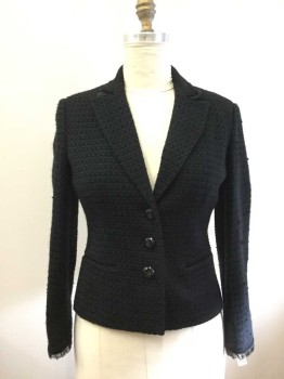 JONES NY, Black, Acrylic, Polyester, Textured Weave, Single Breasted, Peaked Lapel, 3 Buttons,  2 Pockets, Velvet Lined Pkts & Collar, Chiffon Ruffle Collar/cuffs