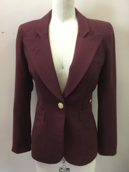 SMYTHE, Maroon Red, Wool, Solid, Single Breasted, 1 Gold Button, Peaked Lapel, 4 Pockets, Crepe