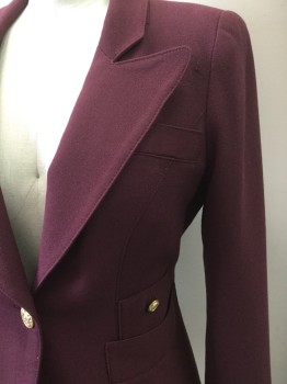 SMYTHE, Maroon Red, Wool, Solid, Single Breasted, 1 Gold Button, Peaked Lapel, 4 Pockets, Crepe