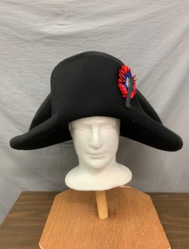 Mens, Historical Fiction Hat , N/L, Black, Wool, Solid, 22", Sz 7, Bicorn Hat, Felt with Red/Blue/White Grosgrain Rosette Detail at Side Front, Made To Order Napoleon 1800 Reproduction