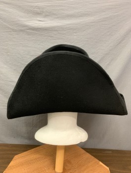 Mens, Historical Fiction Hat , N/L, Black, Wool, Solid, 22", Sz 7, Bicorn Hat, Felt with Red/Blue/White Grosgrain Rosette Detail at Side Front, Made To Order Napoleon 1800 Reproduction