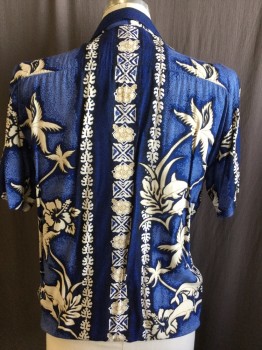 KOMODO, Dk Blue, Lt Blue, Off White, Brown, Black, Rayon, Hawaiian Print, Collar Attached, Wood Button Front, 1 Pocket, Short Sleeves,