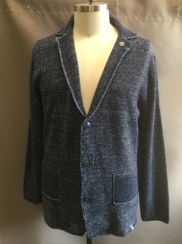 COLOURS & SONS, Navy Blue, White, Lt Blue, Cotton, Speckled, Navy Bumpy Textured Knit with White and Light Blue Specks, Long Sleeves, Notched Lapel, 3 Buttons,  2 Patch Pockets