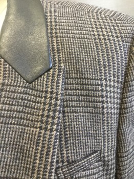 BOSS, Gray, Black, Tan Brown, Wool, Glen Plaid, Peaked Lapel with Black Leather Accent, One Button Front, Welt Pockets, Shoulder Pads