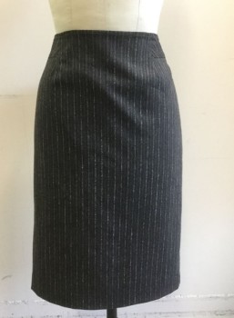 MAGASCHONI, Charcoal Gray, Dusty Rose Pink, Polyester, Viscose, Stripes - Pin, Charcoal with Dusty Rose Textured Vertical Pinstripes, Pencil Skirt, Top Stitching Detail at Waist, Lapped Zipper at Center Back