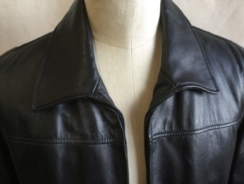 WILSONS LEATHER, Leather, Solid, Black with Black Square Quilt Lining, Collar Attached, Zip Front, 2 Pockets, Long Sleeves,