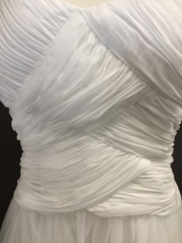 Womens, Wedding Gown, NL, White, Polyester, Silk, Solid, Floral, W:30, B:36, Strapless with Pleated Bodice Basket Weave, Sheer Netting with White Floral Embroidery, Full Skirt with Train, Zip Back
