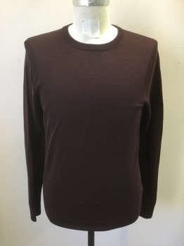 MICHAEL KORS, Dk Brown, Wool, Polyamide, Solid, Dark Brown with Reddish Tint, Ribbed Knit Crew Neck/Cuff/Waistband with Grey Trim, Tighter Knit Panels Across Shoulder/Around Armholes/Down Sides