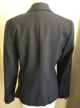 ANNE KLEIN, Navy Blue, Polyester, Wool, Solid, Peaked Lapel, One Button Front, Pocket Flap, Top Handstitch on Lapel