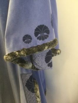 N/L MTO, Cornflower Blue, Periwinkle Blue, Gray, Navy Blue, Cotton, Faux Fur, Solid, Abstract , Velvet, Patterned Brocade Trim/Accents with Navy Abstract Burnout Velvet Detail, Long Wide Sleeves with Form Fitting Undersleeves, Gray Faux Fur Trim, Hidden Snap Closures, Floor Length, Made To Order