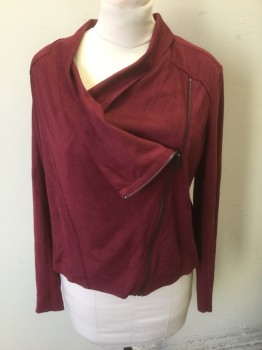 BLANK NYC, Cranberry Red, Polyester, Spandex, Solid, Polyester Faux Microsuede, Asymmetric Fold Over Zip Front with Cowl Neck, No Lining