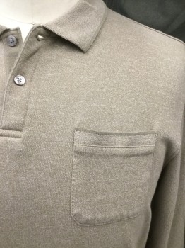 VAN HEUSEN, Beige, Cotton, Polyester, Solid, 2 Button Placket, Ribbed Knit Collar Attached, 1 Pocket, Long Sleeves, Ribbed Knit Cuff