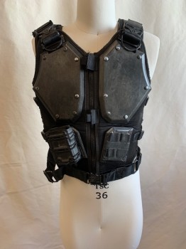 Mens, Sci-Fi/Fantasy Armour, MTO, Faded Black, Dk Gray, Polyester, Rubber, Solid, Adj, Rubber Plates at Chest and Back, Adj Side Straps, 2 Seatbelt Like Straps at Shoulders, Belt Attached at Waist, Zip Front, 2 Velcro Closures at Front