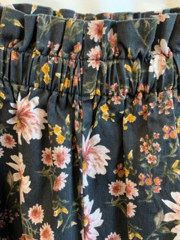 WILD FABLE, Faded Black, Cream, Brown, Brick Red, Mustard Yellow, Cotton, Polyester, Floral, 2" (2 Tiers) Elastic Waistband with Self Attached Tie Belt,