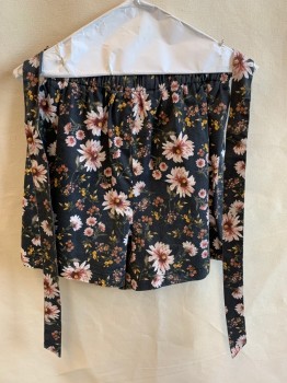 WILD FABLE, Faded Black, Cream, Brown, Brick Red, Mustard Yellow, Cotton, Polyester, Floral, 2" (2 Tiers) Elastic Waistband with Self Attached Tie Belt,