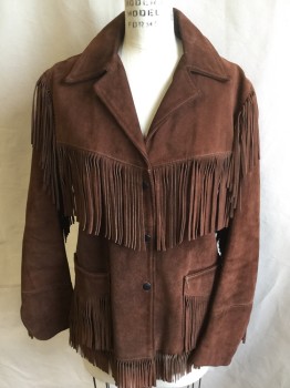Womens, Leather Jacket, MAY FAIR- FOX 527, Brown, Silver, Midnight Blue, Leather, Solid, L, Chocolate Brown Suede, Western Style, Notched Lapel, Self Fringe Detail, 3 Black Snap Front, Silver-light Midnight Blue Wood Grain Print Lining,
