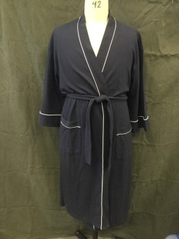 LE 31, Navy Blue, Cotton, Polyester, Solid, Waffle Knit, Open Front, 3/4 Sleeve, White Piping, 2 Pockets, Self Belt, Belt Loops