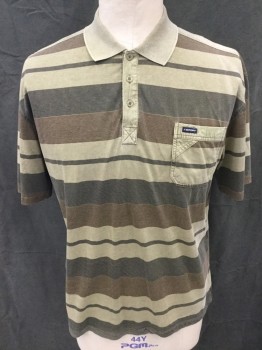 PINRSHARK, Brown, Dk Olive Grn, Khaki Brown, Cotton, Polyester, Stripes - Horizontal , Khaki Collar Attached and  Front Placket with 3 Buttons, Short Sleeves, 1 Pocket