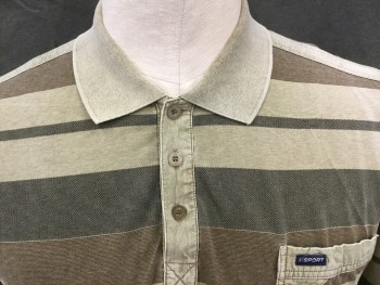PINRSHARK, Brown, Dk Olive Grn, Khaki Brown, Cotton, Polyester, Stripes - Horizontal , Khaki Collar Attached and  Front Placket with 3 Buttons, Short Sleeves, 1 Pocket