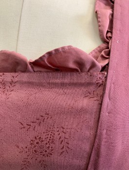 N/L MTO, Dusty Rose Pink, Cranberry Red, Cotton, Floral, Calico , BODICE- 3/4 Sleeves, Square Neck, Hook & Eye Closures at Front, Attached Overskirt Open at Front, Pleated at Waist, Self Ruffle Trim, Made To Order Colonial Reproduction