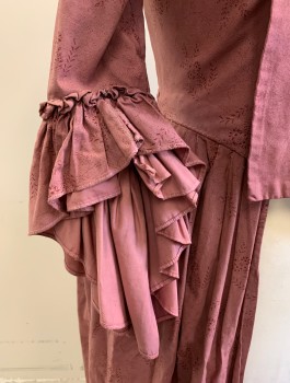 N/L MTO, Dusty Rose Pink, Cranberry Red, Cotton, Floral, Calico , BODICE- 3/4 Sleeves, Square Neck, Hook & Eye Closures at Front, Attached Overskirt Open at Front, Pleated at Waist, Self Ruffle Trim, Made To Order Colonial Reproduction