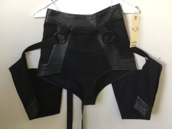 ASHTON MICHAEL, Black, Cotton, Faux Leather, Solid, Short Shorts with 2 Attached Saddle Bags, Back Zip Thru Crotch, Pleather Trim, Self Belt in Back