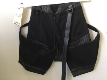 ASHTON MICHAEL, Black, Cotton, Faux Leather, Solid, Short Shorts with 2 Attached Saddle Bags, Back Zip Thru Crotch, Pleather Trim, Self Belt in Back
