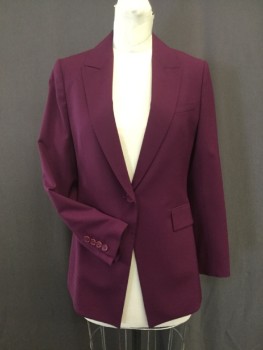 THEORY, Plum Purple, Wool, Lycra, Solid, Stretch Wool, Peaked Lapel, 3 Pocket, Slit at Center Back,