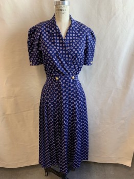 Womens, Dress, PETITES FOR MAGGY, Dk Blue, Red, White, Polyester, Geometric, Polka Dots, W 25, B 34, V-neck, Notched Lapel, Short Sleeves, 2 Gold Half Dome Textured Buttons at Waist, 1 Button at Cuffs, Pleated Skirt