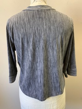 Womens, Top, LIZ MCCOY, Gray, Polyester, Spandex, Heathered, 1X, Stretchy, Streaked Pattern, 3/4 Sleeves, Pullover, Round Neck with Self Tie Bow, Gathered at Shoulder Seam