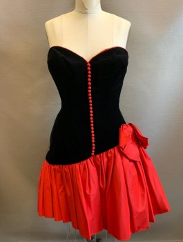 Womens, Cocktail Dress, N/L, Black, Red, Polyester, Solid, W:27, B:36, H:36, Black Velvet with Red Taffeta Accents, Strapless, Sweetheart Bust, Many Tiny Red Fabric Buttons and Loops Down Center Front, Taffeta Ruffled Hem with Self Bow at Hip, Hem Above Knee,