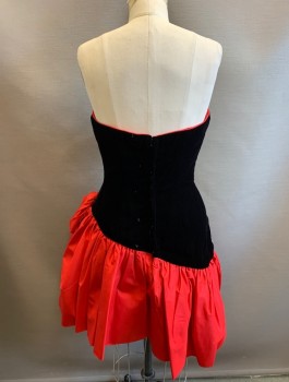 Womens, Cocktail Dress, N/L, Black, Red, Polyester, Solid, W:27, B:36, H:36, Black Velvet with Red Taffeta Accents, Strapless, Sweetheart Bust, Many Tiny Red Fabric Buttons and Loops Down Center Front, Taffeta Ruffled Hem with Self Bow at Hip, Hem Above Knee,