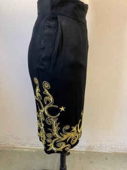 Womens, Skirt, OZBEK, Black, Acetate, Rayon, W 28, S, Pencil Skirt, Gold Embroidery Star & Crescent Shapes, Back Zipper