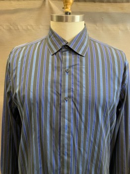 ROBERT GRAHAAM, Black, Navy Blue, Taupe, Royal Blue, Cotton, Stripes, Collar Attached , Button Front,