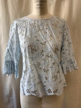 REBECCA TAYLOR, Sky Blue, Cotton, Floral, Cut Out Self Floral Lace Pattern, 3/4 Sleeves, Bell Cuffs, Button Back
