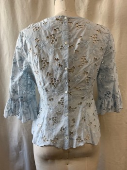 REBECCA TAYLOR, Sky Blue, Cotton, Floral, Cut Out Self Floral Lace Pattern, 3/4 Sleeves, Bell Cuffs, Button Back