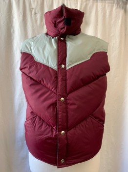 Mens, Vest, BRANDON COLORADO, Red Burgundy, Nylon, M, Quilted/Puffy, High Neck with Tab & Velcro, Snap Front, Beige Shoulders/Yoke