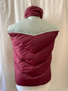 Mens, Vest, BRANDON COLORADO, Red Burgundy, Nylon, M, Quilted/Puffy, High Neck with Tab & Velcro, Snap Front, Beige Shoulders/Yoke