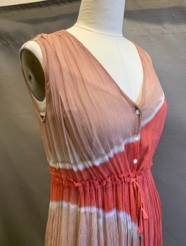RAQUEL ALLEGRA, Coral Orange, Dusty Rose Pink, White, Rayon, Abstract , Sheer Gauze, Sleeveless, Resist Dye Waves of Color, V-neck, Buttons at Center Front, Drawstring Waist, Midi Length, with Matching Slip Underneath (CF062992)