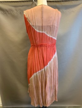 RAQUEL ALLEGRA, Coral Orange, Dusty Rose Pink, White, Rayon, Abstract , Sheer Gauze, Sleeveless, Resist Dye Waves of Color, V-neck, Buttons at Center Front, Drawstring Waist, Midi Length, with Matching Slip Underneath (CF062992)