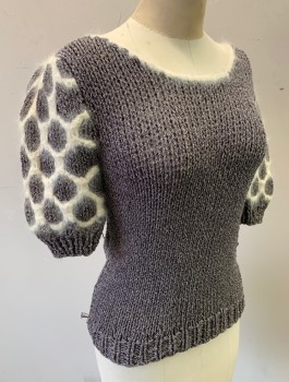 Womens, Sweater, JOYCE, Espresso Brown, Cream, Ramie, Angora, Speckled, S, Knit, Pullover, 1/2 Sleeves with White Fluffy Honeycomb Circles Pattern, Scoop Neck, with White Trim, Early 1980's