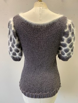Womens, Sweater, JOYCE, Espresso Brown, Cream, Ramie, Angora, Speckled, S, Knit, Pullover, 1/2 Sleeves with White Fluffy Honeycomb Circles Pattern, Scoop Neck, with White Trim, Early 1980's