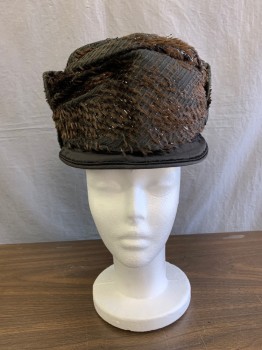 Womens, Hat 1890s-1910s, The Halsey Shop, Black, Brown, Cotton, Silk, Abstract , Black Woven Self Stripe Fabric with Silk and Cellophane Woven and Cut to Make a Napped,shiney Matt Allover Design Fabric Wrapped Around cloche Shape, with Small Brim Silk Velvet Underneath Brim  ,original Off White Silk Lining Fraying and Delicate , with Original Blue/whit Halsey Shop Label and Blk and Wht Silk Adress Label (46 West 52nd St. New York) on Top