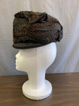 Womens, Hat 1890s-1910s, The Halsey Shop, Black, Brown, Cotton, Silk, Abstract , Black Woven Self Stripe Fabric with Silk and Cellophane Woven and Cut to Make a Napped,shiney Matt Allover Design Fabric Wrapped Around cloche Shape, with Small Brim Silk Velvet Underneath Brim  ,original Off White Silk Lining Fraying and Delicate , with Original Blue/whit Halsey Shop Label and Blk and Wht Silk Adress Label (46 West 52nd St. New York) on Top