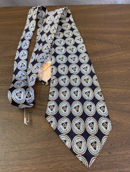 Mens, Tie, N/L, Navy Blue, French Blue, Cream, Silk, Medallion Pattern, 4" Wide at Base, Four in Hand, Has Faint Water Stains in a Few Spots