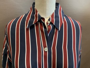 FRAME, Navy Blue, Red Burgundy, White, Silk, Stripes - Vertical , L/S, Button Front, Long Cuffs with 1 Button,