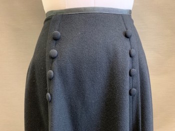 Womens, Skirt 1890s-1910s, MTO, Black, Wool, Solid, W28, Felted Wool, 6 Buttons Detail at Hips, Grosgrain Waistband, Hooks & Eyes,