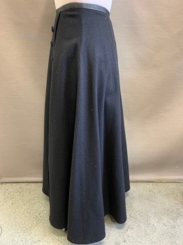 Womens, Skirt 1890s-1910s, MTO, Black, Wool, Solid, W28, Felted Wool, 6 Buttons Detail at Hips, Grosgrain Waistband, Hooks & Eyes,